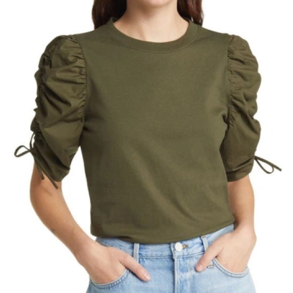 Frame Ruched Tie Sleeve Tee in Fatigue Large - Picture 2 of 6